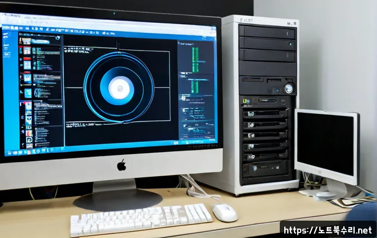 영중면 UNMOUNTABLE_BOOT_VOLUME - Photorealistic IT support workstation in a quiet Yeongjung-myeon office, desktop tower opened beside...