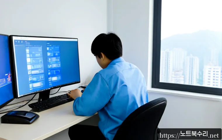 월계동 STATUS_KERNEL_MODE_EXCEPTION - Photorealistic IT support workstation in a compact Wolgye-dong apartment office, dual monitors showi...