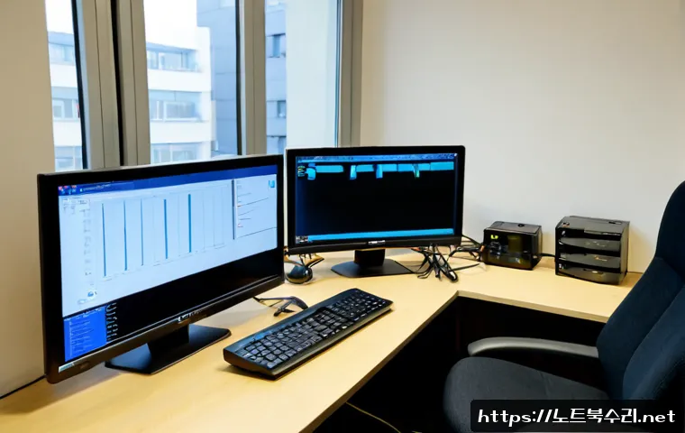 의주로 신호없음 - Photorealistic remote-support workstation in a compact office near Uiju-ro, dual monitors showing a ...