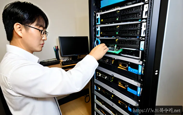 계수동 서버출장방문수리점 - Photorealistic onsite server repair inside a compact office in Gyesu-dong, skilled technician replac...