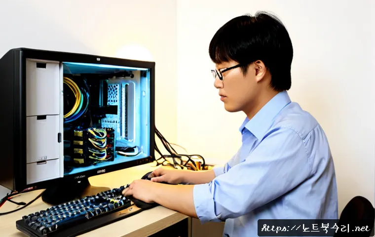 회천동 본체 꺼졌다 켜졌다 할때 - Photorealistic computer repair workstation in a compact Hoicheon-dong apartment office, desktop towe...