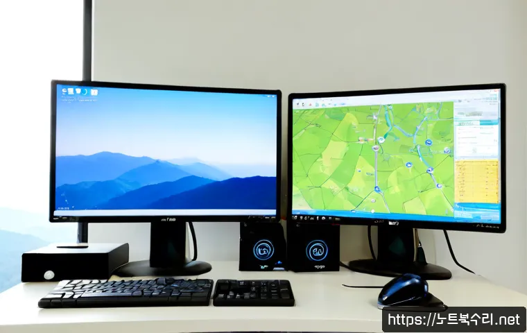 회현동 IRQL_NOT_LESS_OR_EQUAL - Photorealistic IT support workstation in a compact Hoehyeon-dong office, dual monitors showing a cle...