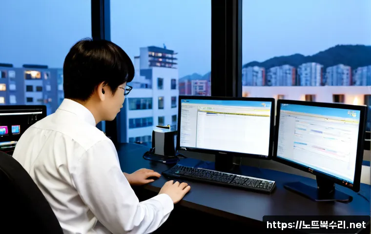 발화동 STATUS_SESSION_TIMEOUT - Photorealistic IT support workstation in a compact Korean neighborhood office, dual monitors showing...