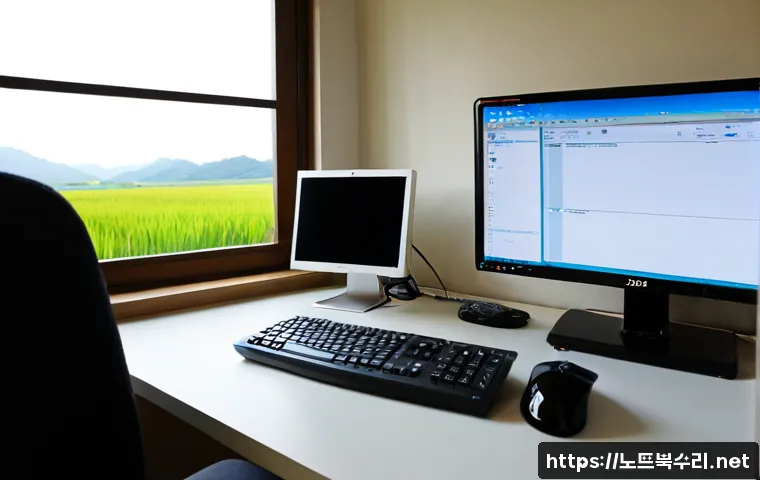 현덕면 STATUS_STACK_UNDERFLOW - Photorealistic remote-support workstation in a quiet rural Korean office near wide rice fields, desk...