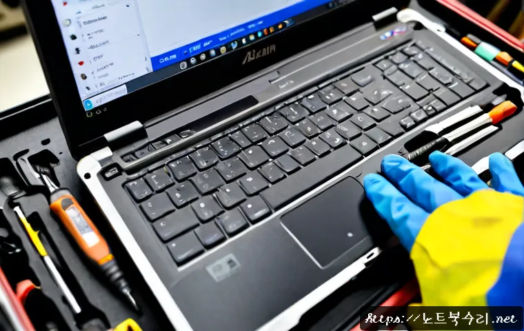 파장동 맥북프로 판매 및 수리 - Photorealistic premium aluminum laptop repair workstation in Pajang-dong, Suwon, open laptop with in...