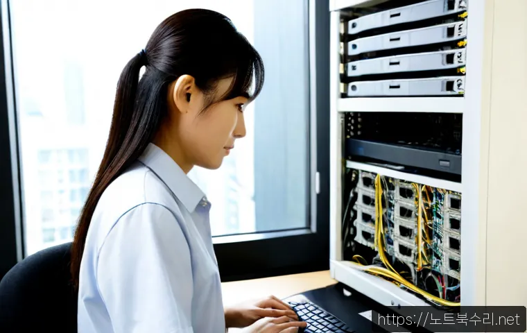 능곡동 서버출장방문수리점 - Photorealistic onsite server repair in a compact Neunggok-dong office, technician connecting a diagn...