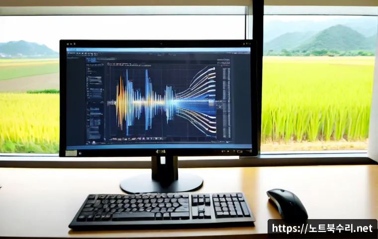 율면 STATUS_FLOAT_UNDERFLOW - Photorealistic software engineer workstation in a quiet rural Korean county office, dual monitors sh...