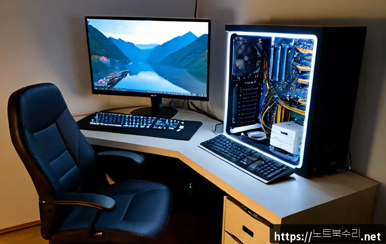 보라동 본체 꺼졌다 켜졌다 할때 - Photorealistic remote computer repair scene in a compact Bora-dong apartment home office, desktop to...