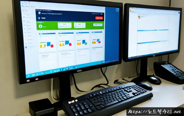 청천동 STATUS_SECURITY_POLICY_VIOLATION - Photorealistic remote IT support workstation in a compact Cheongcheon-dong office, dual monitors sho...