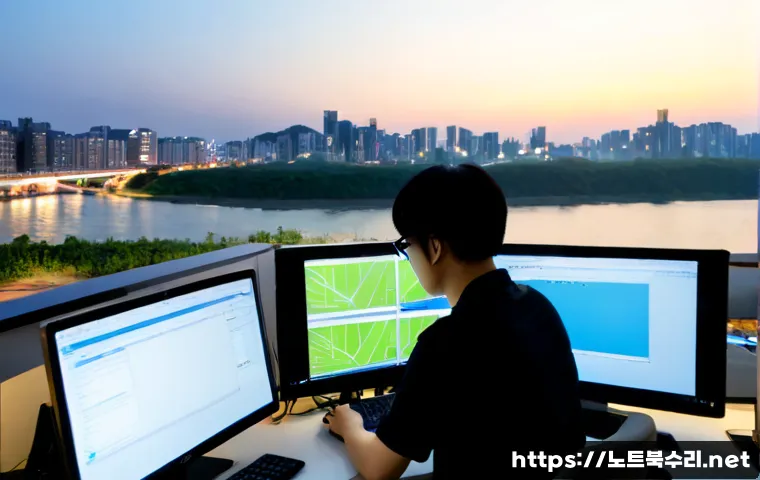 염창동 STATUS_SECURITY_POLICY_VIOLATION - Photorealistic remote IT support workstation in a compact Yeomchang-dong apartment office, dual moni...