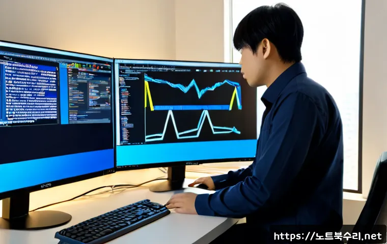 동화동 UNEXPECTED_KERNEL_MODE_TRAP - Photorealistic IT support workstation in a compact Donghwa-dong office, dual monitors showing a non-...