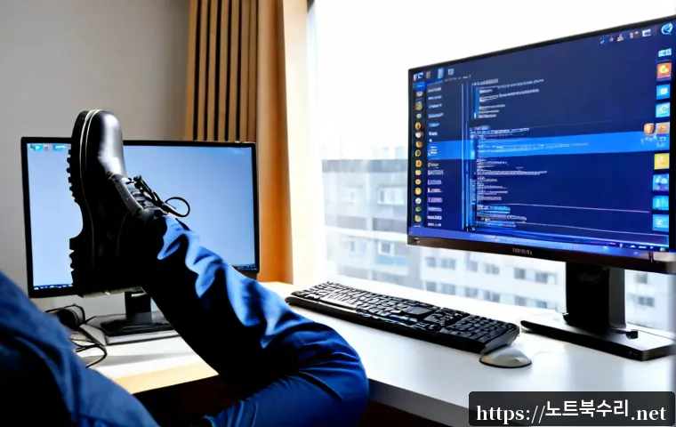 화정동 STATUS_KERNEL_BOOT_DRIVE_ERROR - Photorealistic IT support workstation in a modern Hwa-jeong neighborhood office, ultrawide monitor s...