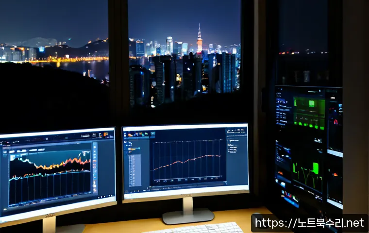 일직동 절전모드 - Photorealistic modern IT support workstation in Iljik-dong, dual monitors showing a dark energy-savi...