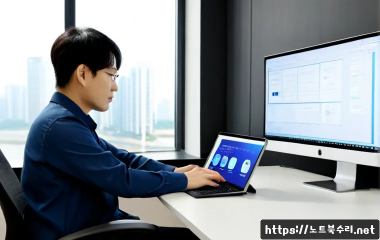 반포동 STATUS_PAGEFILE_MISSING - Photorealistic remote-support workstation in a sleek Banpo apartment office, dual monitors showing a...