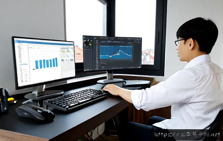 신창동 STATUS_FLOAT_INEXACT_RESULT - Photorealistic remote-support workstation in a compact urban apartment, dual monitors showing a clea...