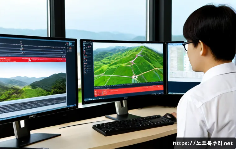 세곡동 STATUS_INSTRUCTION_FAILED - Photorealistic IT support workstation in a modern Seoul suburban office, dual monitors showing a cle...