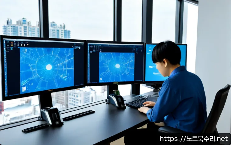 청라동 CLOCK_WATCHDOG_TIMEOUT - Photorealistic remote-support workstation in a modern Cheongna apartment office, dual monitors showi...