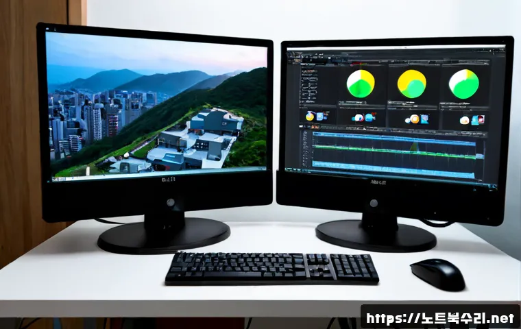 냉천동 STATUS_INVALID_SESSION - Photorealistic IT support workstation in a compact hillside neighborhood office, dual monitors showi...