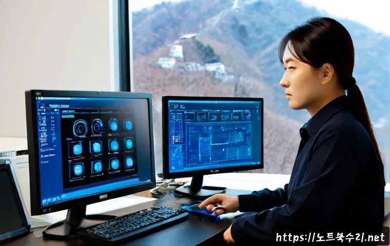 청림동 WIN32K_LOCK_HELD_TOO_LONG - Photorealistic IT support workstation in a compact Cheongnim-dong apartment office, dual monitors sh...
