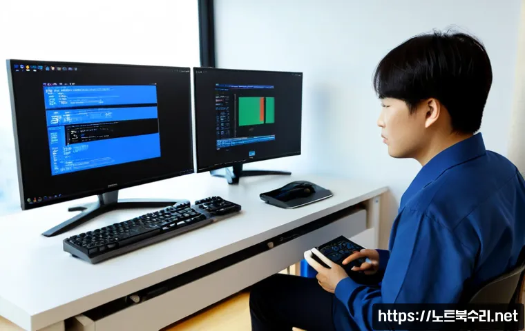 삼가동 IRQL_NOT_LESS_OR_EQUAL - Photorealistic remote-support workstation in a quiet Sangga-dong apartment office, dual monitors sho...