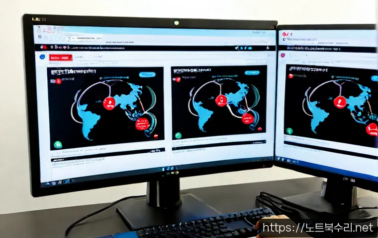 초평동 STATUS_NETWORK_ACCESS_DENIED - Photorealistic IT support workstation in a modern Cheopyeong-dong office, dual monitors showing a cl...