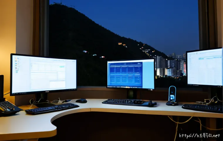 청구동 STATUS_INVALID_THREAD - Photorealistic IT support workstation in a compact hillside apartment office, dual monitors showing ...