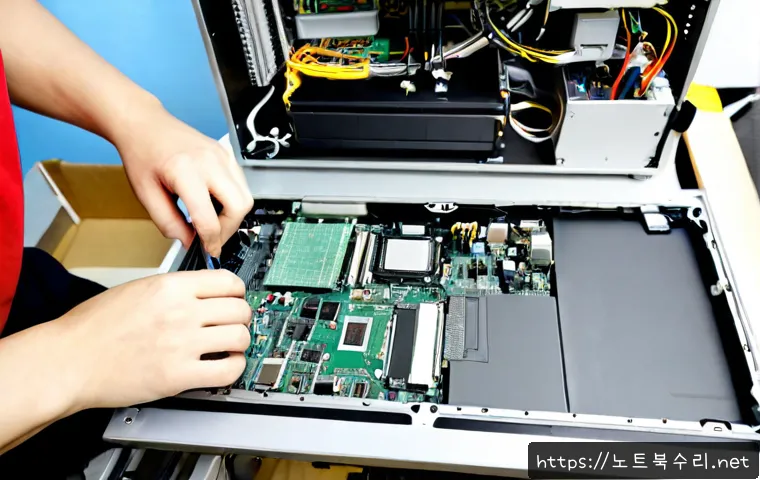 안중읍 아이맥 판매 및 수리 - Photorealistic computer repair workshop in Anjung-eup, a technician carefully replacing components i...