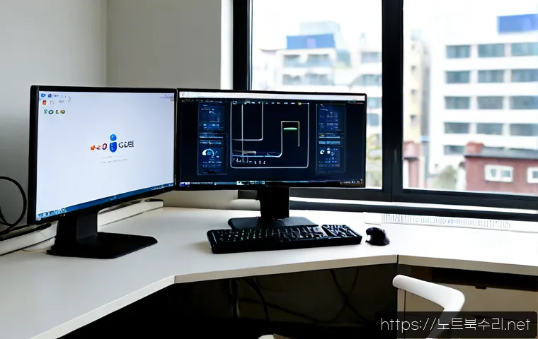 덕이동 STATUS_NETWORK_ACCESS_DENIED - Photorealistic remote-support workstation in a modern Deogi-dong design studio, dual monitors showin...