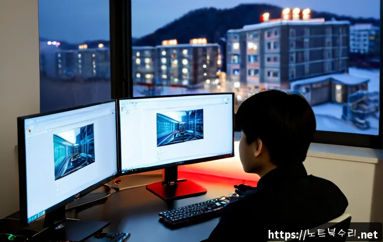 감정동 STATUS_SYSTEM_PROCESS_TERMINATED - Photorealistic remote-support workstation in a compact Gamjeong-dong office, dual monitors showing a...