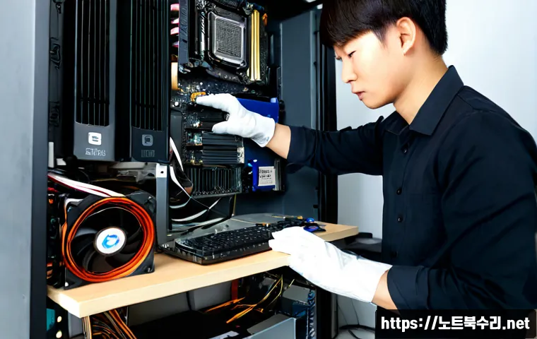 성수동 VGA조립 및 교체수리 - Photorealistic PC repair workstation in a modern Seongsu-style creative studio, technician wearing a...