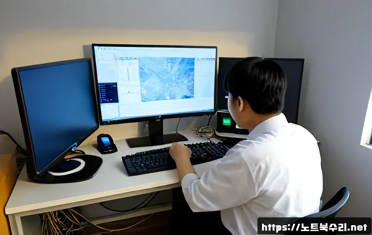 보산동 STATUS_INVALID_THREAD - Photorealistic IT support workstation in a compact Bosandong office, technician troubleshooting a fr...