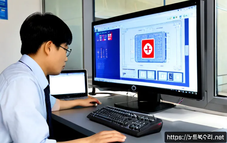 향남읍 STATUS_FILE_WRITE_FAILURE - Photorealistic modern engineering workstation in a quiet Korean township office, dual monitors displ...