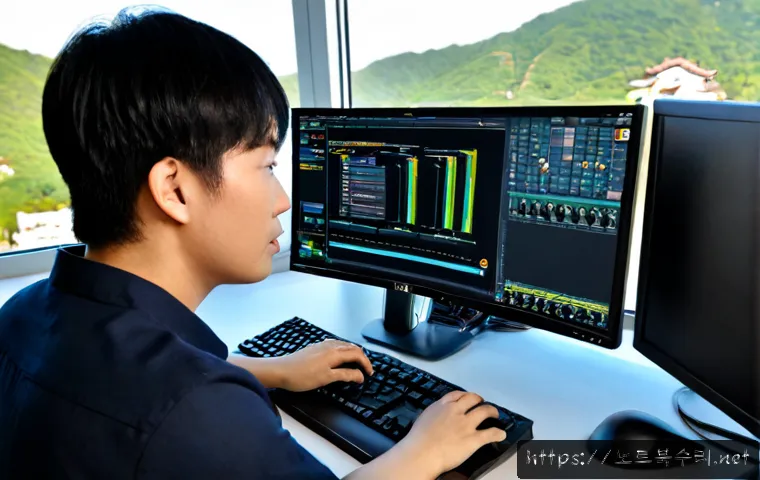 계양동 INTERNAL_POWER_ERROR - Photorealistic IT support workstation in Gyeyang-dong, desktop tower opened beside a dual-monitor CA...