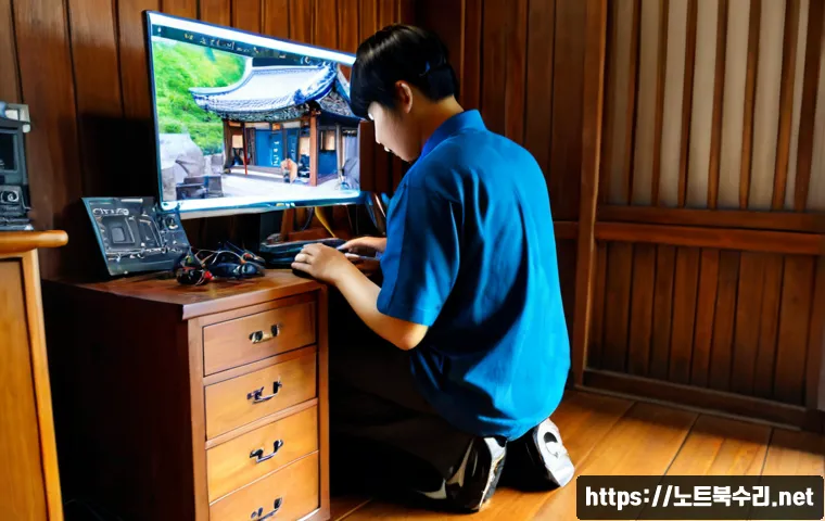 인사동 HDD조립 및 교체수리 - Photorealistic computer repair workstation in an Insadong-inspired traditional wooden interior, tech...