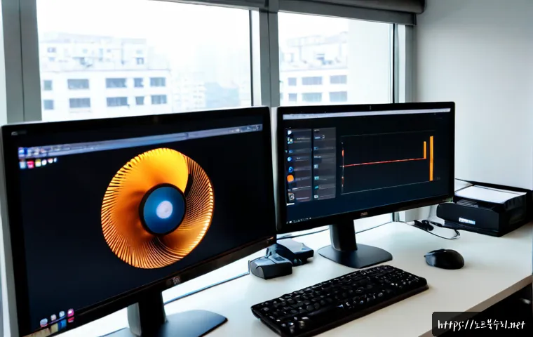 갈산동 STATUS_INVALID_SESSION - Photorealistic IT support workstation in a compact Galsan-dong office, dual monitors showing an abst...