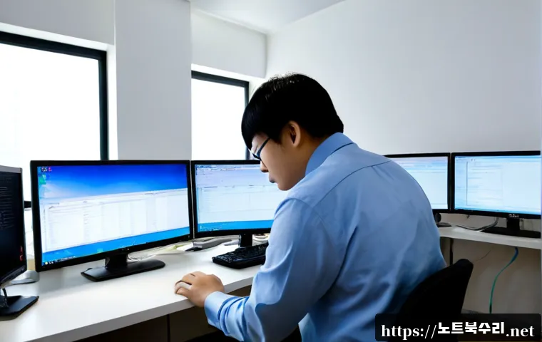 매룡동 STATUS_INVALID_CALLER - Photorealistic modern office workstation in Maeryong-dong, South Korea, IT technician reviewing an u...