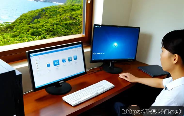 영흥면 프리도스 윈도우설치 - Photorealistic coastal home office in Yeongheung-myeon, a technician configuring a new FreeDOS deskt...
