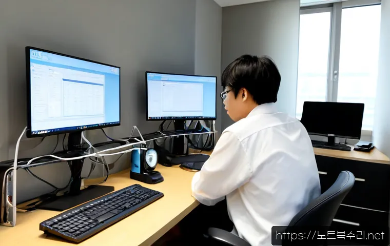 교문동 STATUS_EXECUTION_TIMEOUT - Photorealistic IT support workstation in a modern Gyo-mun-dong apartment office, dual monitors showi...