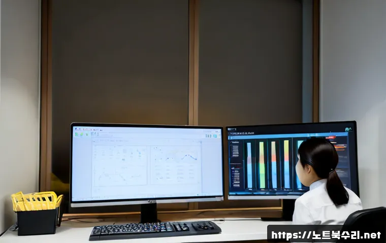가업동 STATUS_MODULE_NOT_FOUND - Photorealistic IT support workstation in a quiet Korean residential district office, dual monitors s...
