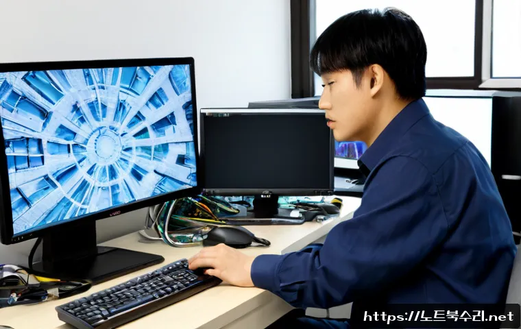 원종동 STATUS_ACCESS_VIOLATION - Photorealistic compact PC repair workstation in a quiet Wonjong-dong neighborhood office, dual monit...