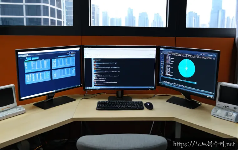 왕징면 ATTEMPTED_EXECUTE_OF_NOEXECUTE_MEMORY - Photorealistic remote-support workstation in Wangjing, Beijing, dual monitors showing abstract nonve...