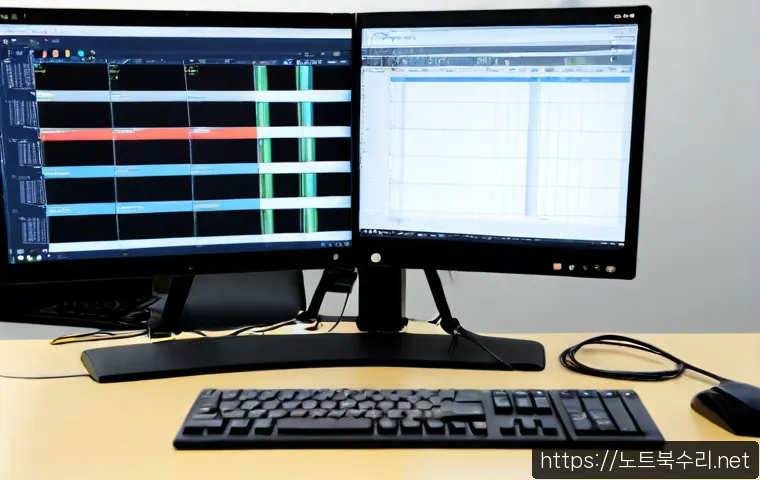 안녕동 STATUS_DATATYPE_MISALIGNMENT - Photorealistic software support workstation in a quiet suburban Korean office, dual monitors showing...