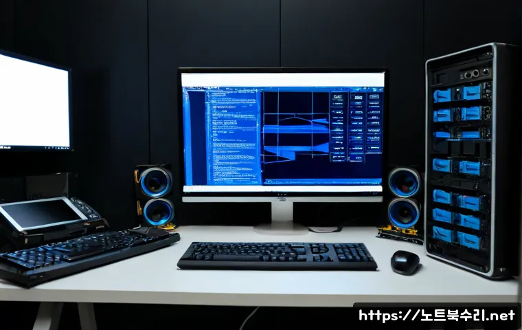 사동 DRIVER_IRQL_NOT_LESS_OR_EQUAL - Photorealistic IT support workstation in Sadong, South Korea, dual monitors showing a blank blue cra...