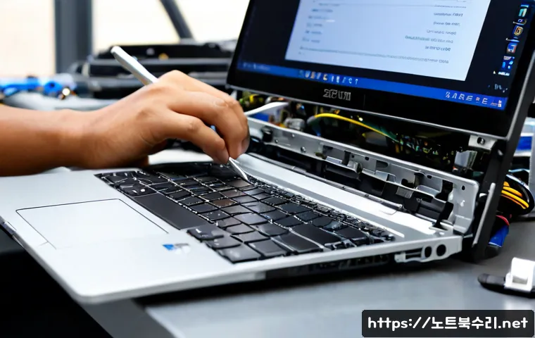 원창동 맥북에어 판매 및 수리 - Photorealistic slim silver ultrabook on a clean repair bench in a compact computer service studio, t...