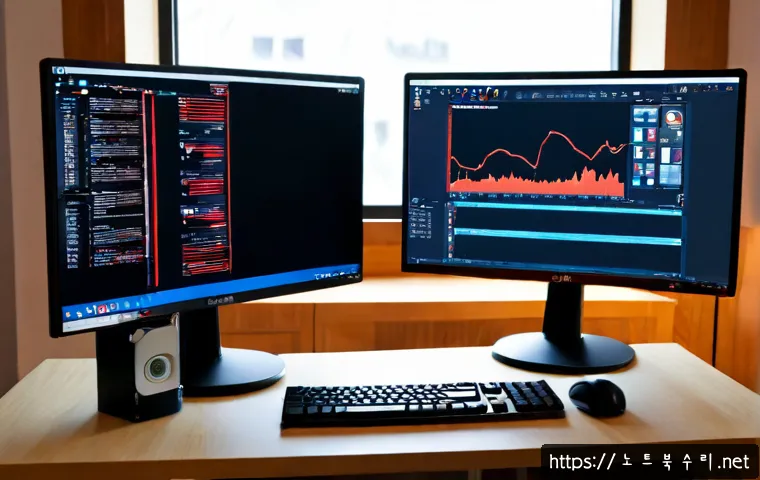 학온동 STATUS_INVALID_OBJECT - Photorealistic IT support workstation in a compact Korean neighborhood office, dual monitors showing...