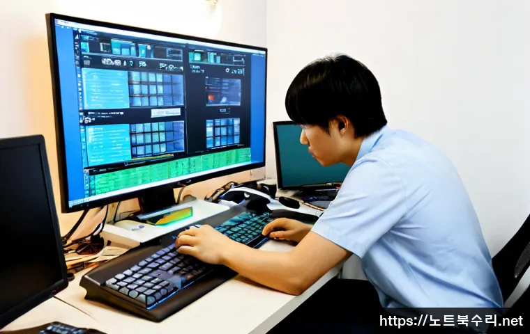 금촌동 STATUS_KERNEL_MODULE_FAILURE - Photorealistic PC repair workstation in a compact Gimchon-dong office, technician reseating a graphi...