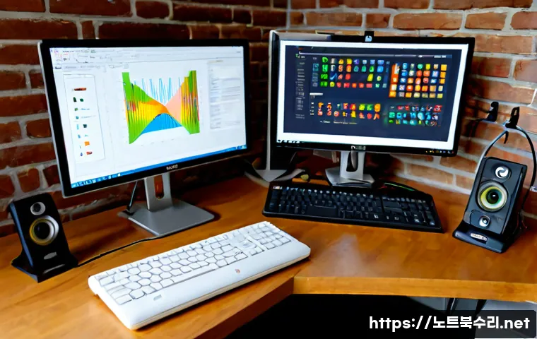 이화동 STATUS_KERNEL_MODULE_FAILURE - Photorealistic desktop support workstation in a compact hillside studio, dual monitors showing abstr...