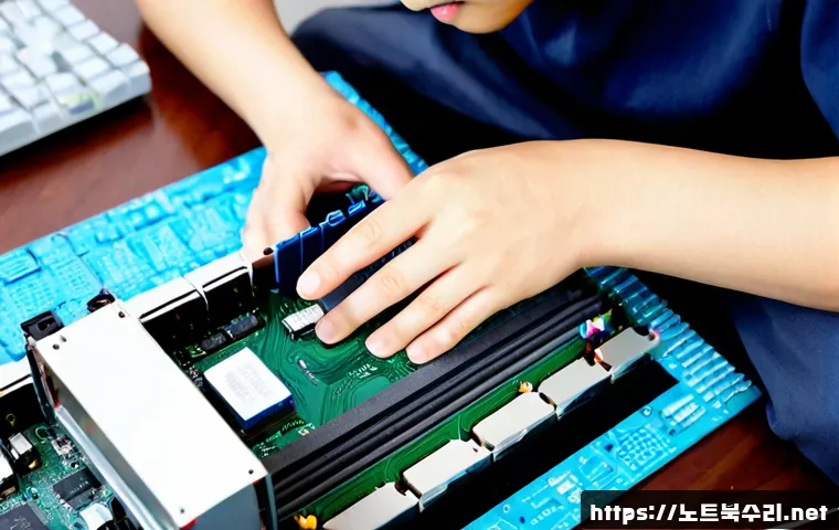 진리동 cpu조립 및 교체수리 - Photorealistic computer repair workshop in a compact Korean neighborhood, technician carefully seati...