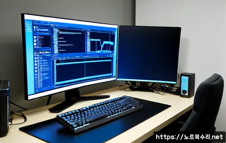 고기동 STATUS_KERNEL_THREAD_FAILURE - Photorealistic high-performance engineering workstation in a compact Seoul office, ultrawide monitor...
