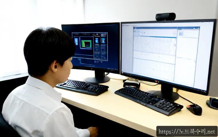 봉담읍 자동복구 - Photorealistic remote-support workstation in a quiet suburban Korean township office, dual monitors ...
